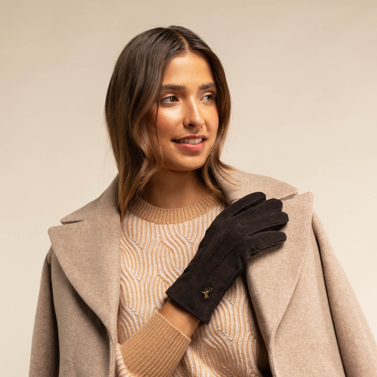 Josie (brown) - suede goatskin leather gloves with luxurious sheep fur lining  - Schwartz & von Halen - US - 5