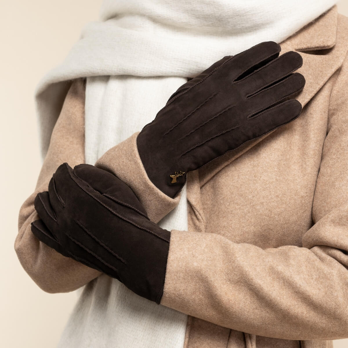 Josie (brown) - suede goatskin leather gloves with luxurious sheep fur lining  - Schwartz & von Halen - US - 6