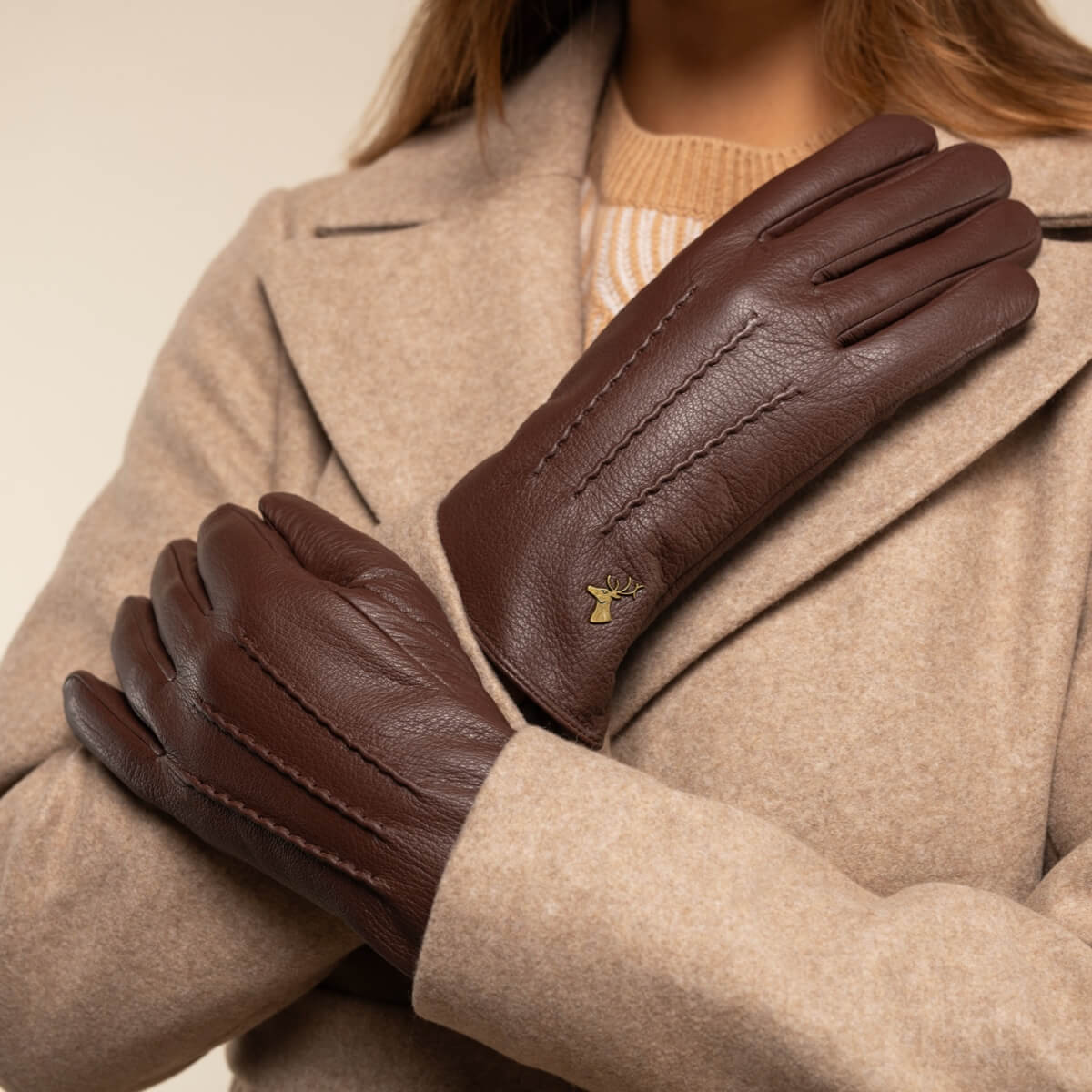 Julia (brown) - goatskin leather gloves with luxury faux fur lining & touchscreen feature  - Schwartz & von Halen - US - 7